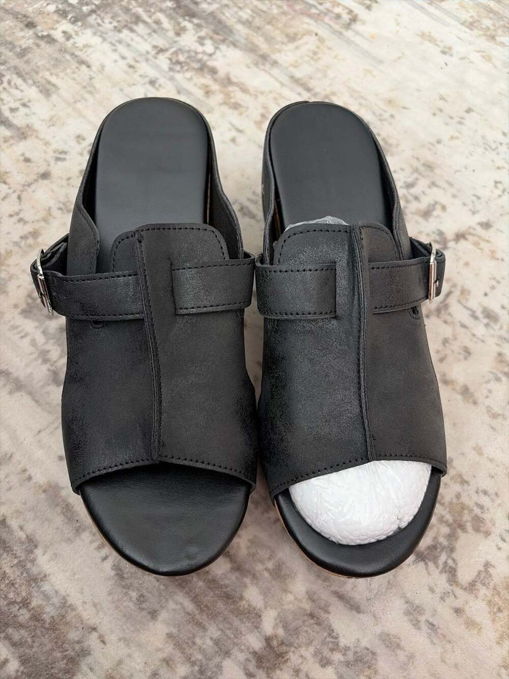 Black Open Toe Wedge Slide Sandals Buckle Accent NWOB size 8